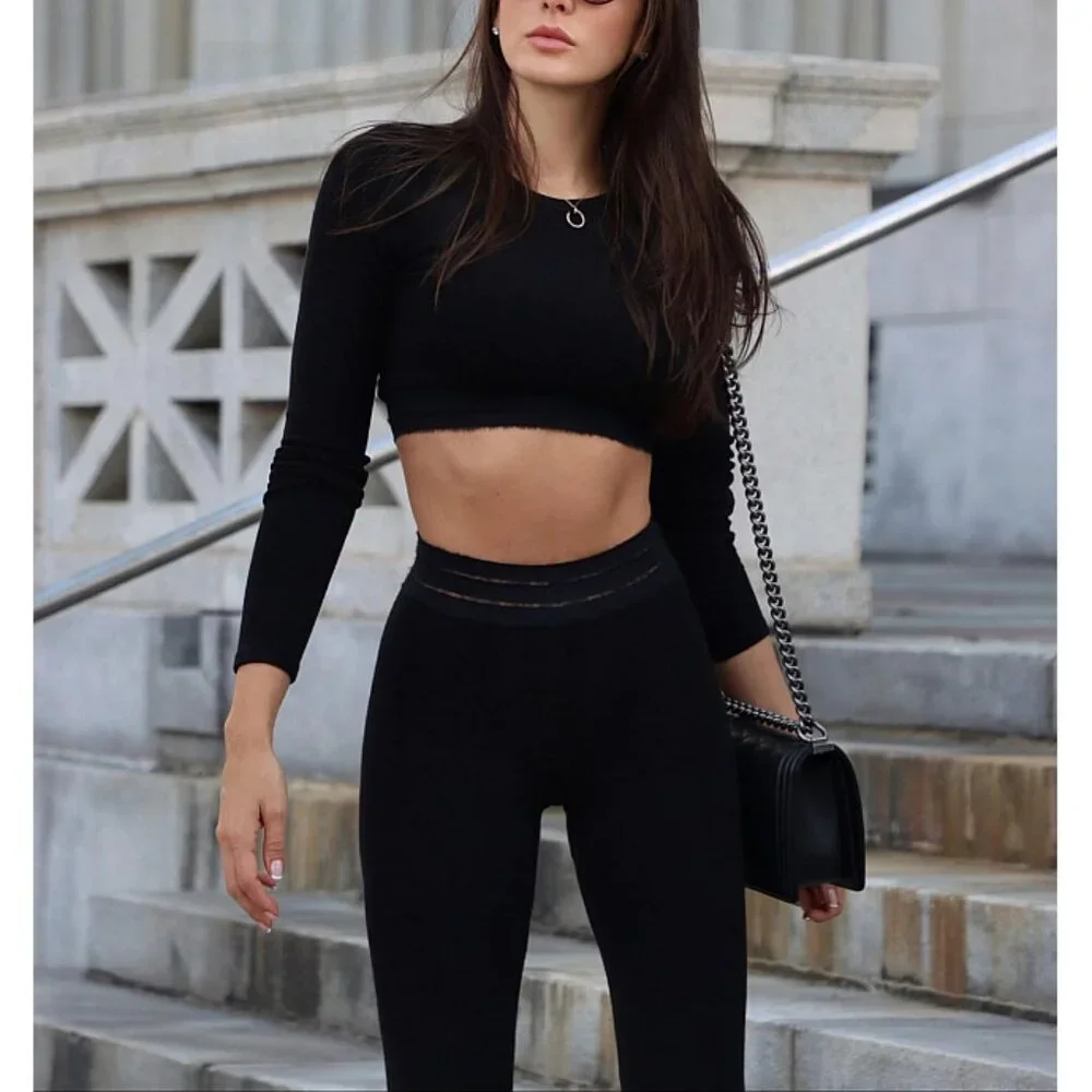 Alo Seamless Luxe Terry High-Waist Cuddle Legging Black Hi-Rise Slit Hem Bootcut